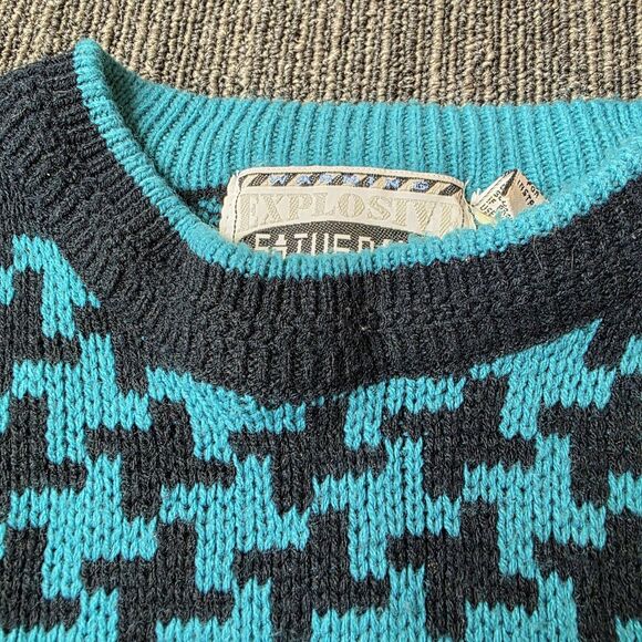 Vintage 90's 80's Houndstooth Checkered Sweater Size Large Black Teal Retro - Picture 5 of 7